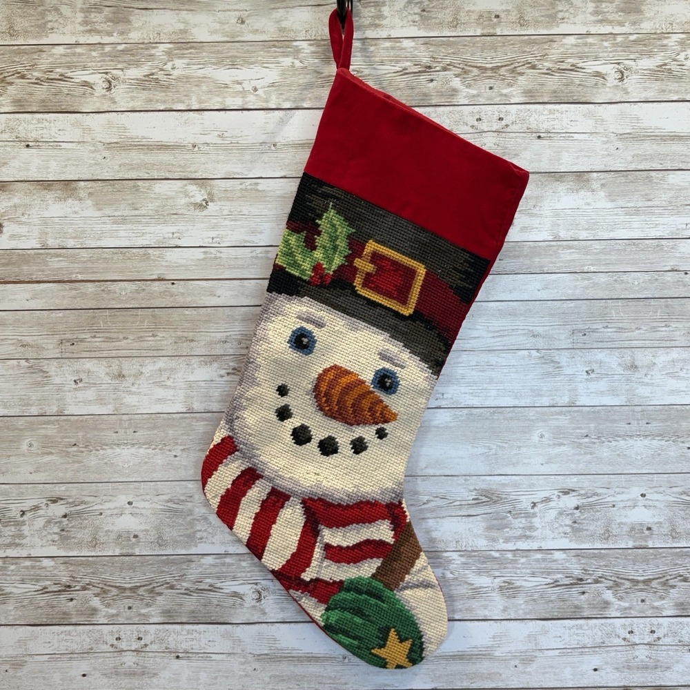 Vintage Lillian Vernon Snowman Christmas Stocking Wool Needlepoint & Cotton